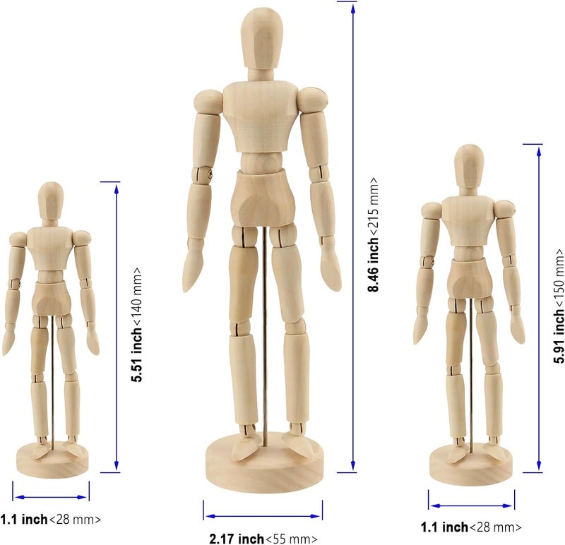 KOHAND 9 Pcs Artists Wooden Manikin, Wooden Moveable Drawing Mannequins Flexible Jointed Mannequin Human Drawing Figure Model for Artists, Painting, Home Office Decoration 5.5/6 /8 Inch - Image 2